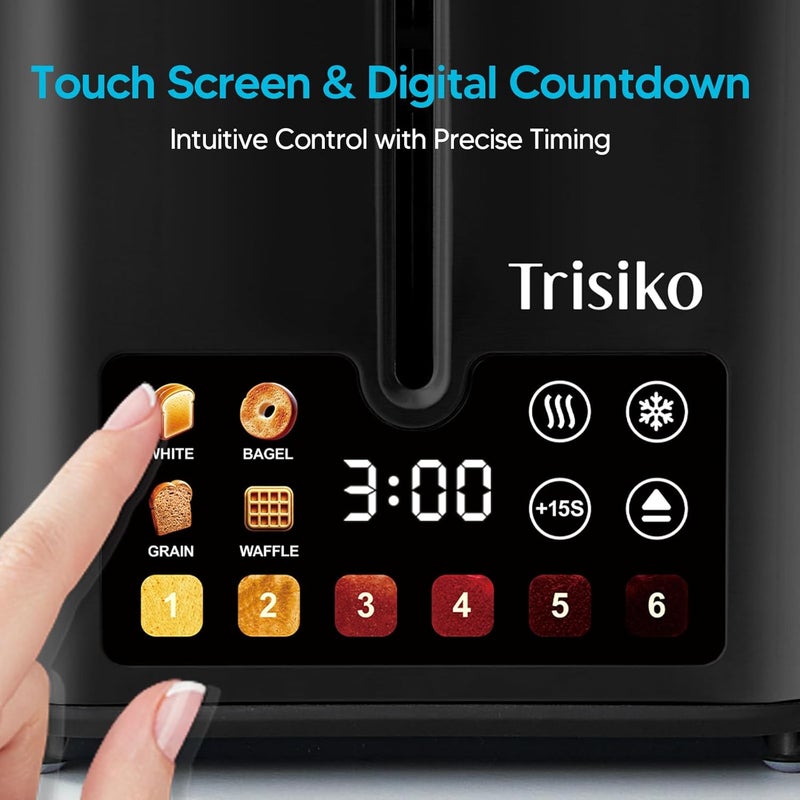 Trisiko ® Touch Screen Toaster 2 Slice,Smart Toaster with Digital Timer, 1.38" Extra-Wide Slots for Bread& Bagel,with Reheat, Defrost, Cancel, +15s Boost, Great for Home, Office, Dorm (Black) - Image 4